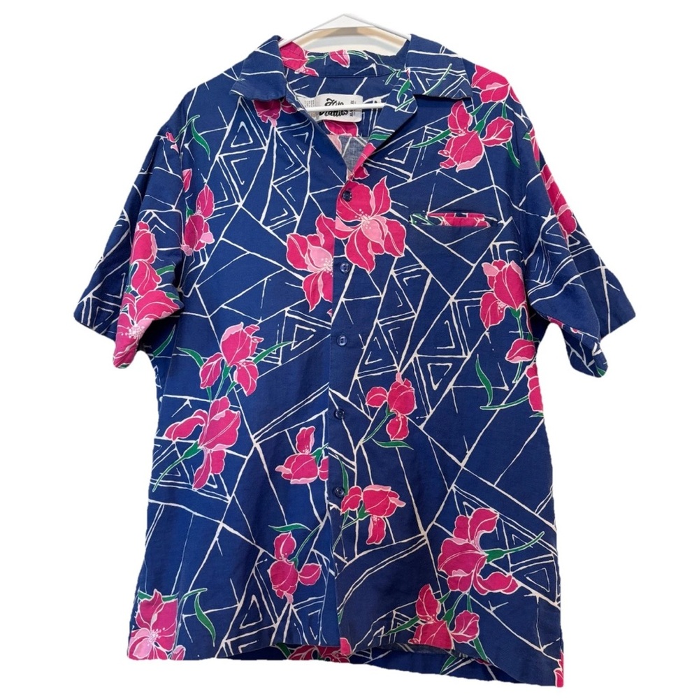Vintage ‘70s Hilo Hattie Hawaiian Shirt Blue w/ Pink Irises 100% Cotton Men XL